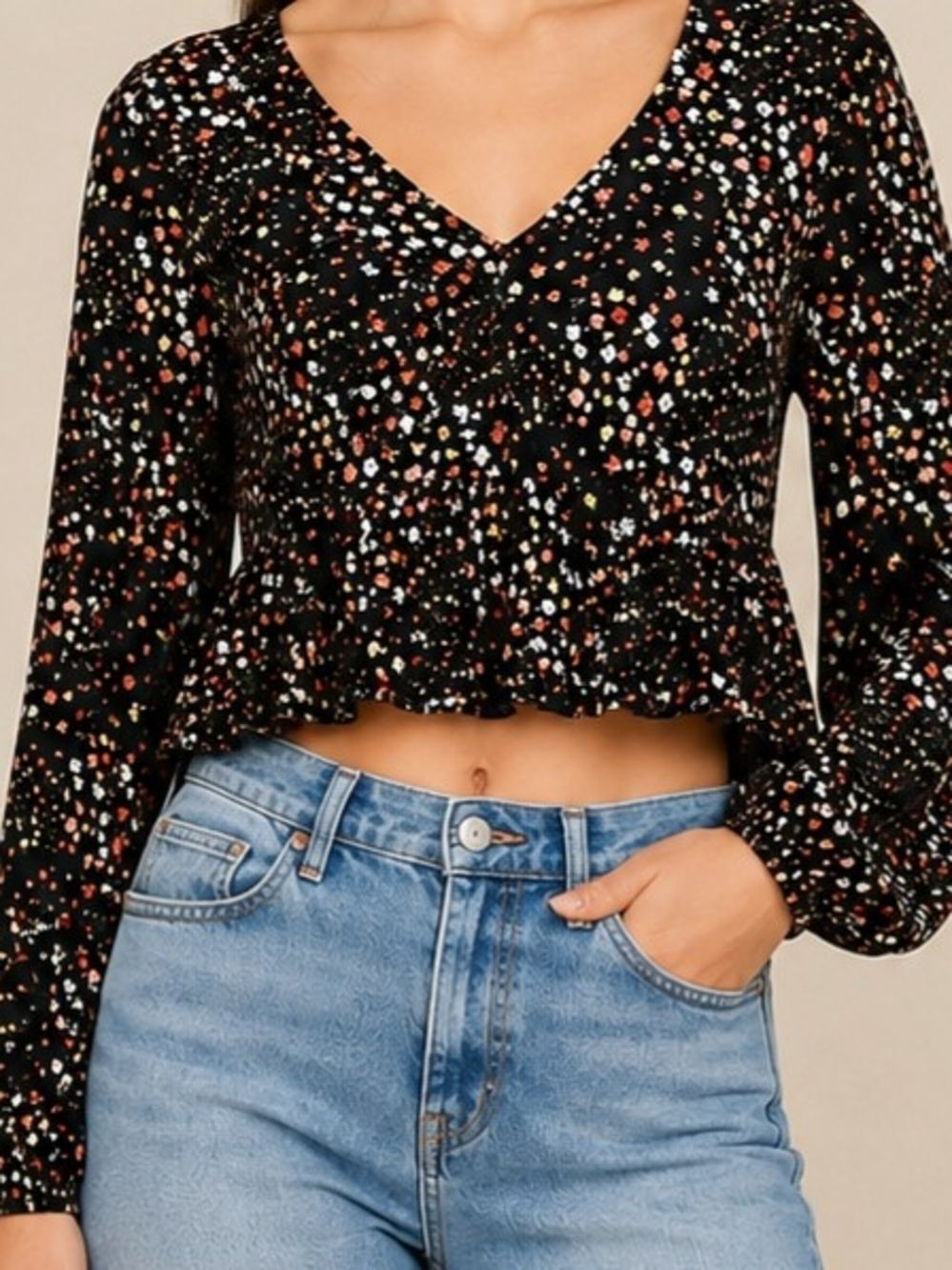 Arizona Jean Co Cropped Floral Peplum Top Black Ditsy Floral V Neck Small Boho